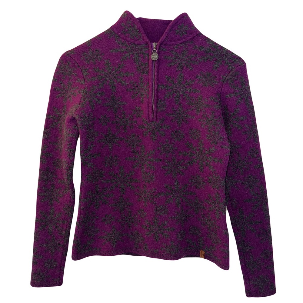 Neve Merino Wool Sweater, Purple with Gray Snowflakes, 1/4 Zip, Size S